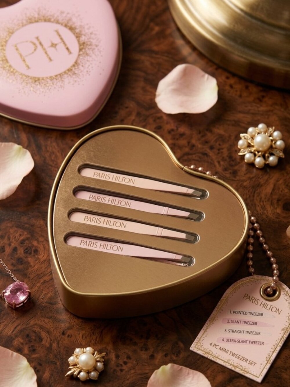 Paris Hilton 4-Piece Mini Tweezer Set in Heart-Shaped Gift Tin – Pink & Gold